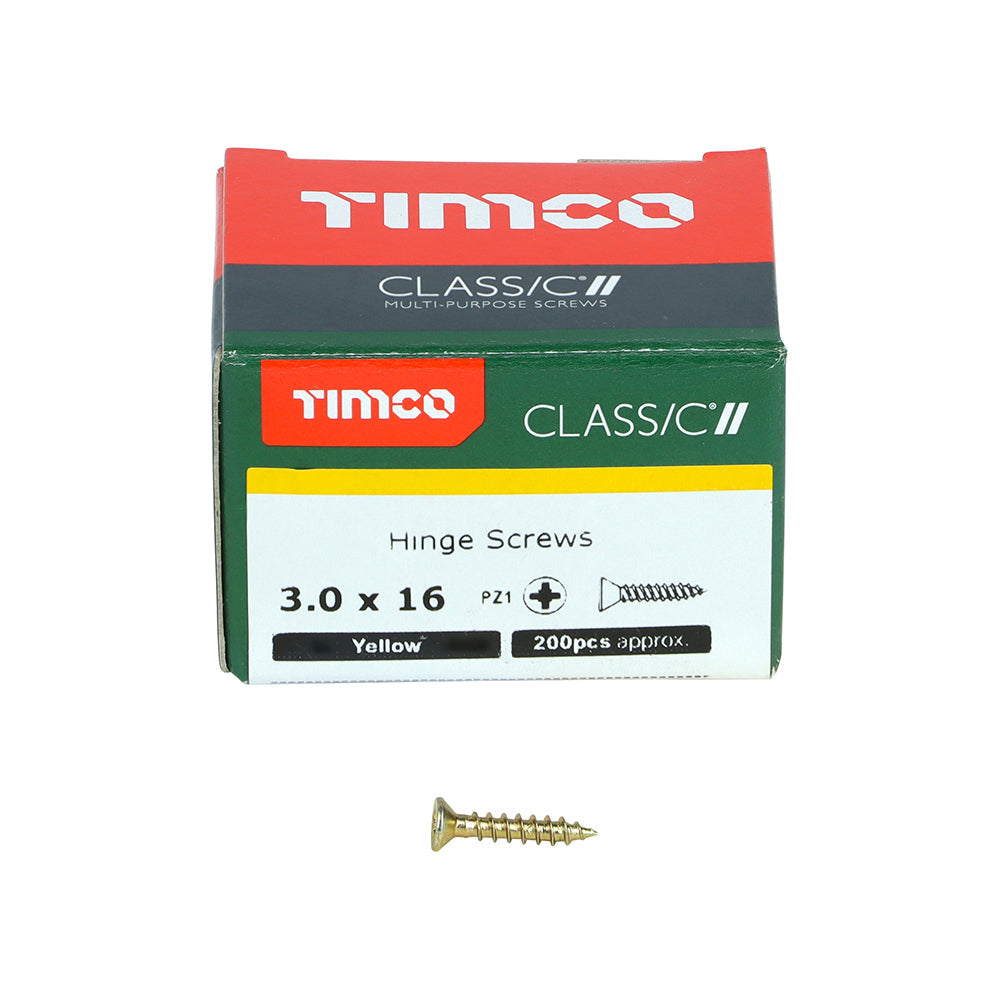 This is an image of Timco - Classic Multi-Purpose Hinge Screws - PZ - Countersunk - Yellow 3.0 x 16mm - (200 PCS Box) 30016CLAH