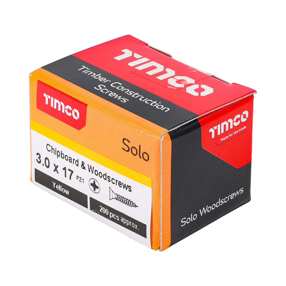 This is an image of Timco - Solo Chipboard & Woodscrews - PZ - Double Countersunk - Yellow 3.0 x 17mm - (200 PCS Box) 30017SOLOC