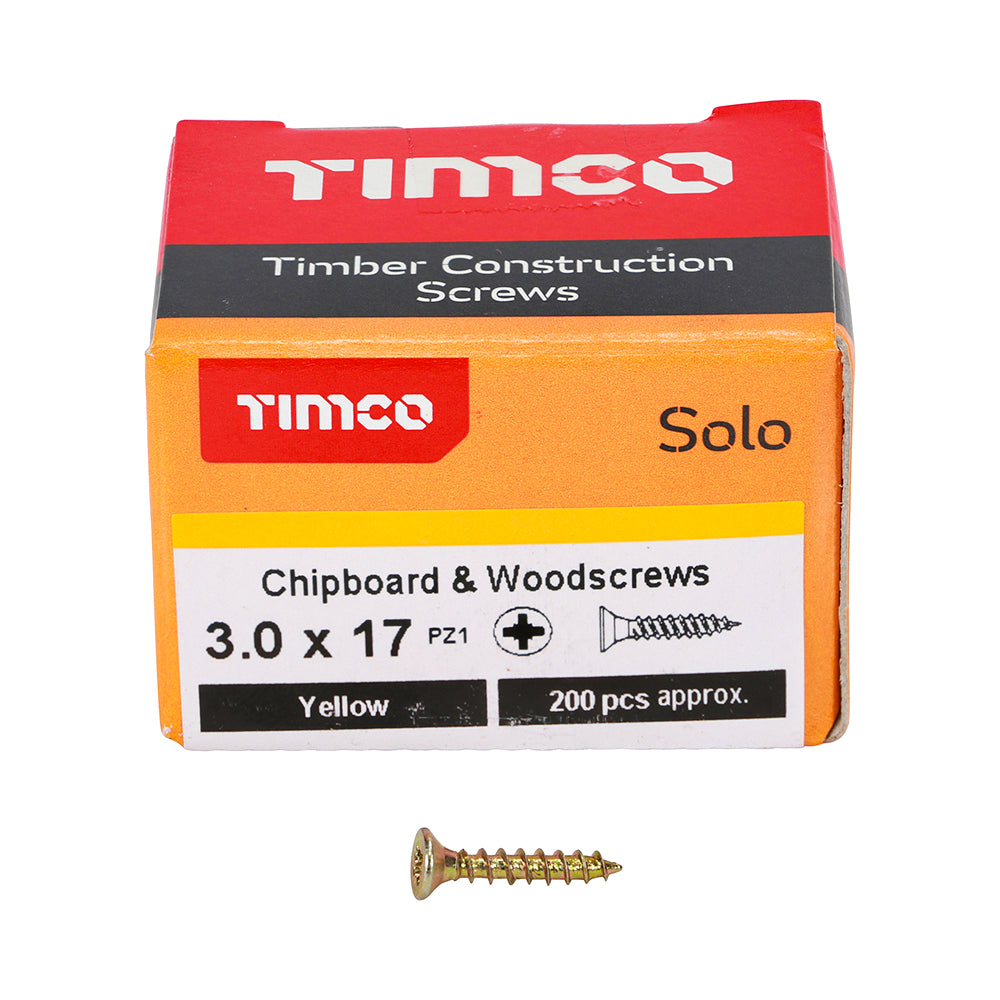 This is an image of Timco - Solo Chipboard & Woodscrews - PZ - Double Countersunk - Yellow 3.0 x 17mm - (200 PCS Box) 30017SOLOC