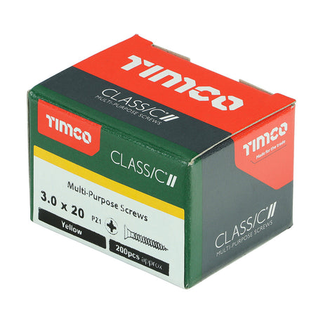 This is an image of Timco - Classic Multi-Purpose Screws - PZ - Double Countersunk - Yellow 3.0 x 20mm - (200 PCS Box) 30020CLAF