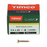 This is an image of Timco - Classic Multi-Purpose Screws - PZ - Double Countersunk - Yellow 3.0 x 20mm - (200 PCS Box) 30020CLAF
