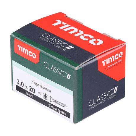 This is an image of Timco - Classic Multi-Purpose Hinge Screws - PZ - Countersunk - Nickel 3.0 x 20mm - (200 PCS Box) 30020CLAHN