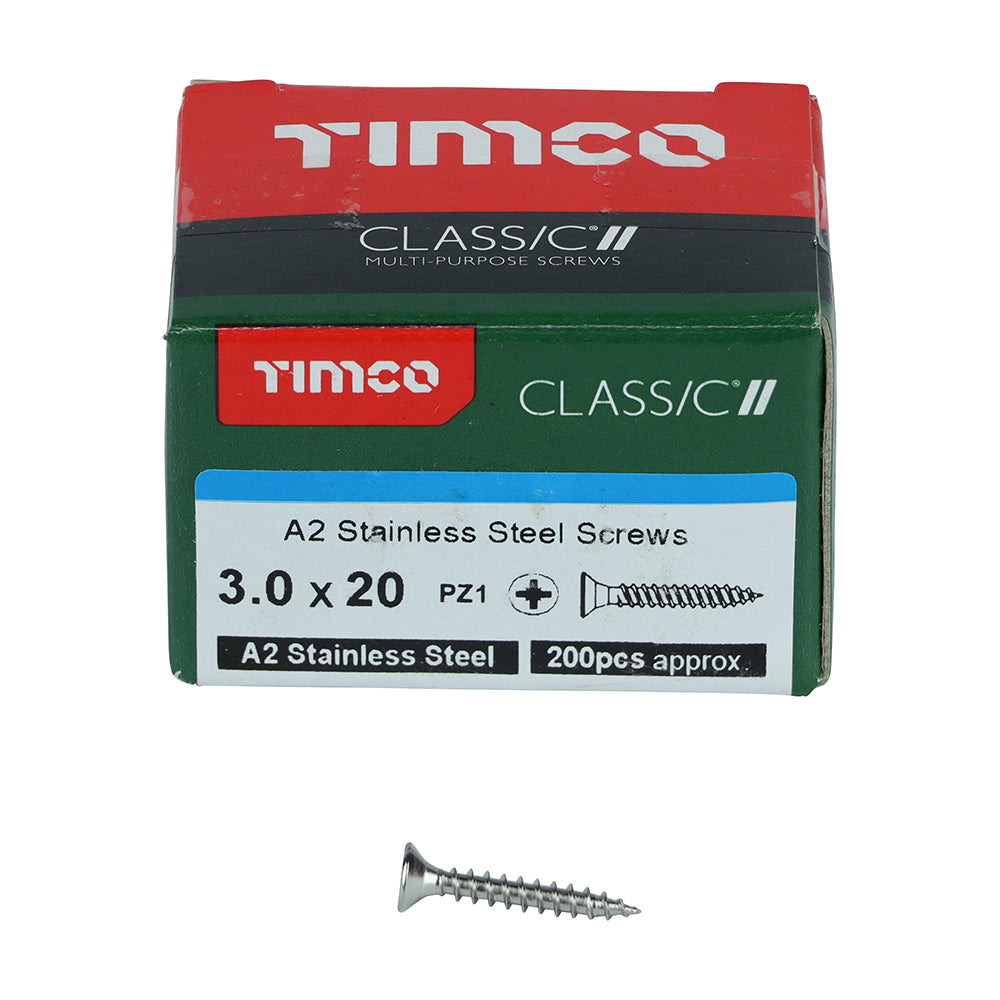 This is an image of Timco - Classic Multi-Purpose Screws - PZ - Double Countersunk - A2 Stainless Steel 3.0 x 20mm - (200 PCS Box) 30020CLASS