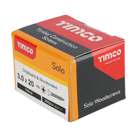 This is an image of Timco - Solo Chipboard & Woodscrews - PZ - Double Countersunk - Yellow 3.0 x 20mm - (200 PCS Box) 30020SOLOC