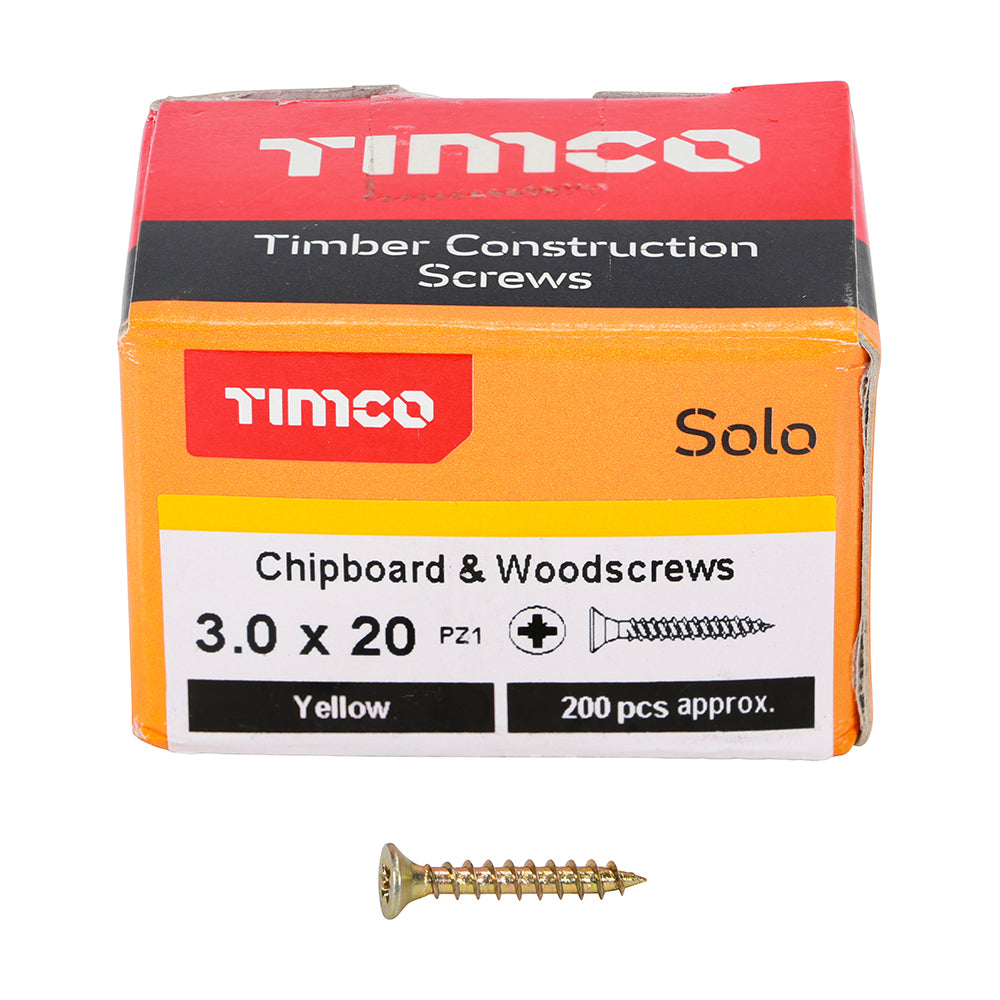 This is an image of Timco - Solo Chipboard & Woodscrews - PZ - Double Countersunk - Yellow 3.0 x 20mm - (200 PCS Box) 30020SOLOC