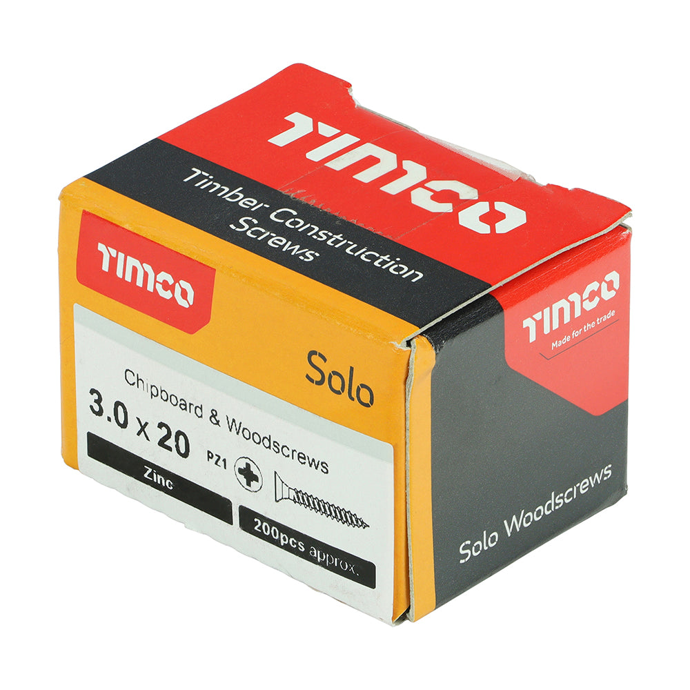 This is an image of Timco - Solo Chipboard & Woodscrews - PZ - Double Countersunk - Zinc 3.0 x 20mm - (200 PCS Box) 30020SOLOZ