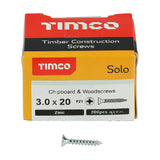 This is an image of Timco - Solo Chipboard & Woodscrews - PZ - Double Countersunk - Zinc 3.0 x 20mm - (200 PCS Box) 30020SOLOZ