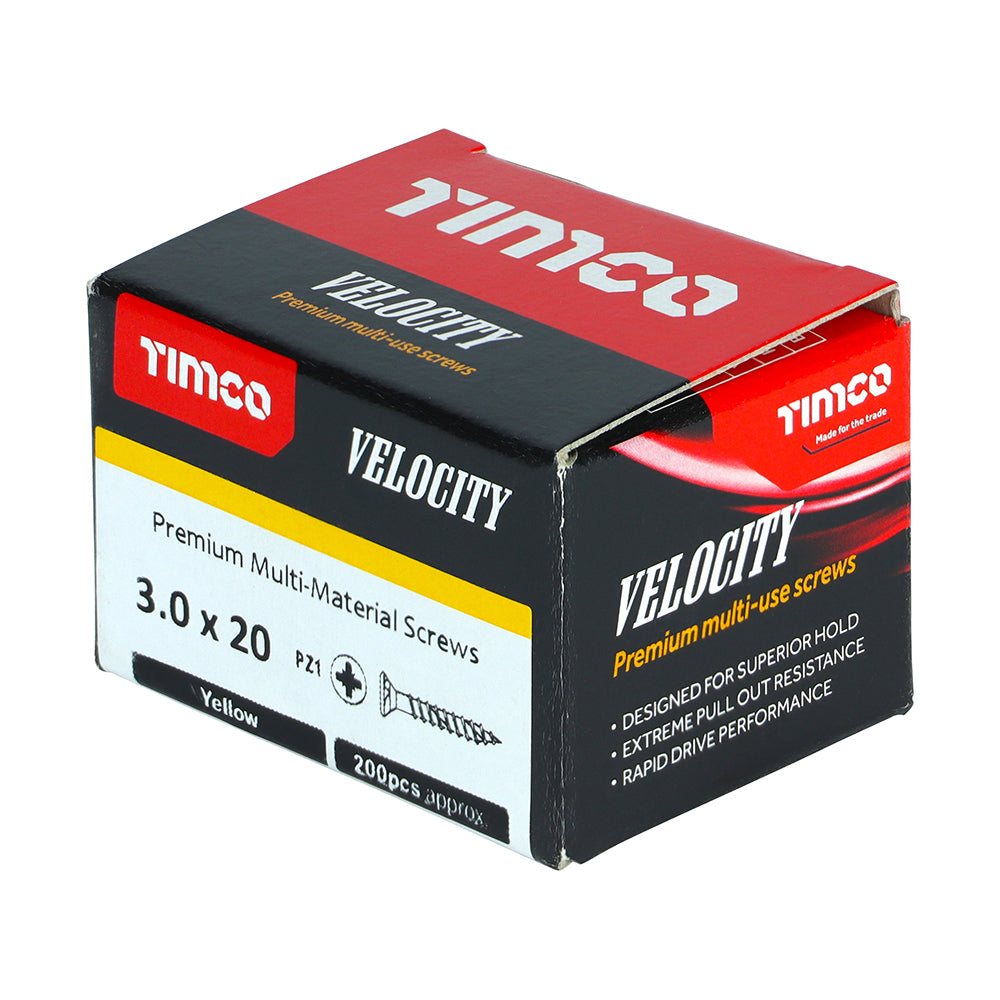 This is an image of Timco - Velocity Premium Multi-Use Screws - PZ - Double Countersunk - Yellow 3.0 x 20mm - (200 PCS Box) 30020VY
