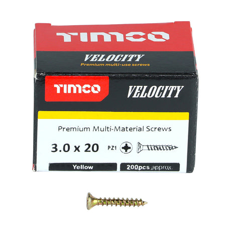 This is an image of Timco - Velocity Premium Multi-Use Screws - PZ - Double Countersunk - Yellow 3.0 x 20mm - (200 PCS Box) 30020VY