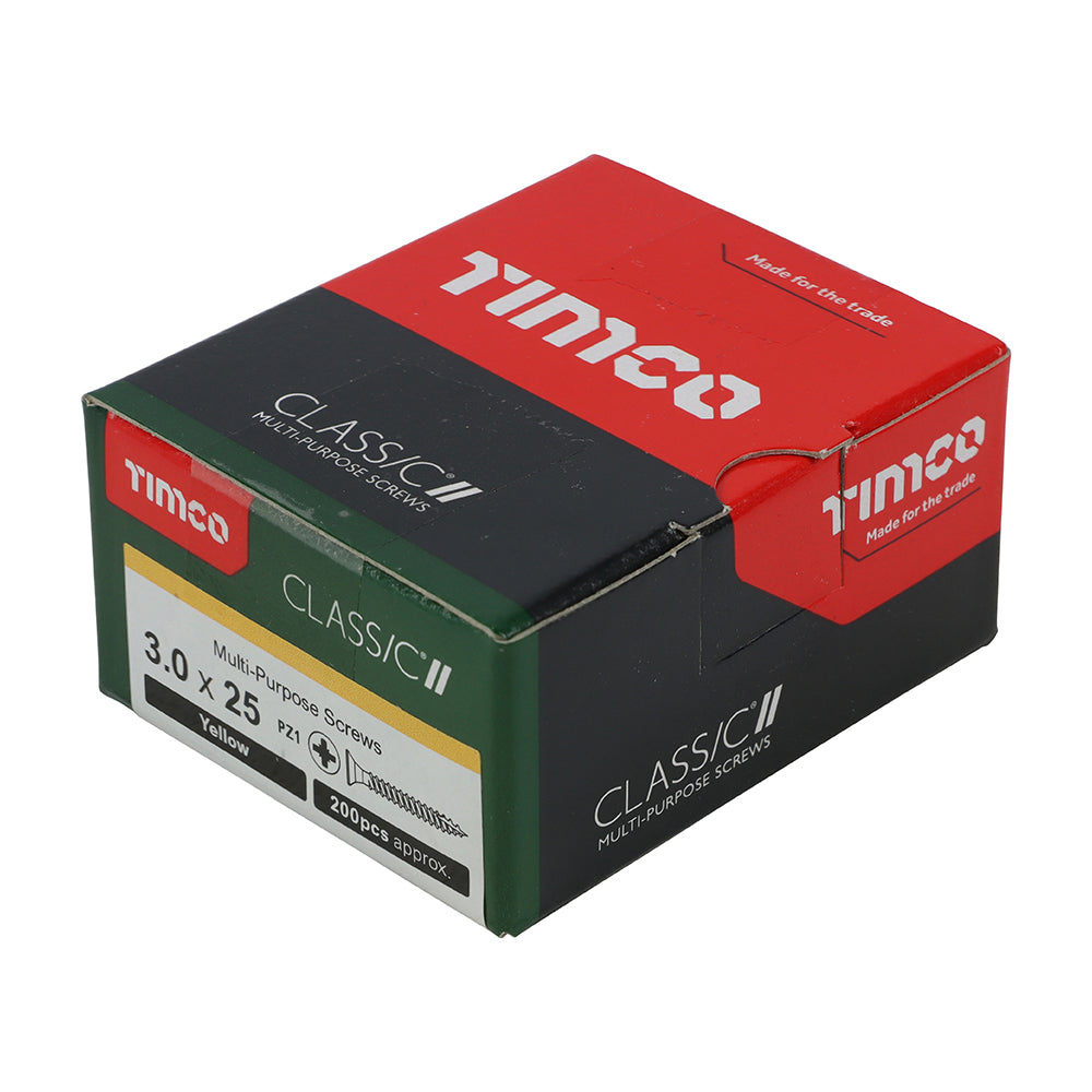 This is an image of Timco - Classic Multi-Purpose Screws - PZ - Double Countersunk - Yellow 3.0 x 25mm - (200 PCS Box) 30025CLAF