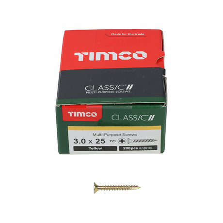 This is an image of Timco - Classic Multi-Purpose Screws - PZ - Double Countersunk - Yellow 3.0 x 25mm - (200 PCS Box) 30025CLAF