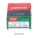 This is an image of Timco - Classic Multi-Purpose Screws - PZ - Double Countersunk - A2 Stainless Steel 3.0 x 25mm - (200 PCS Box) 30025CLASS