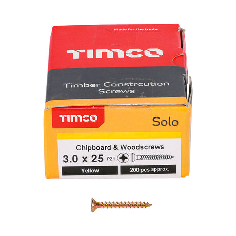 This is an image of Timco - Solo Chipboard & Woodscrews - PZ - Double Countersunk - Yellow 3.0 x 25mm - (200 PCS Box) 30025SOLOC