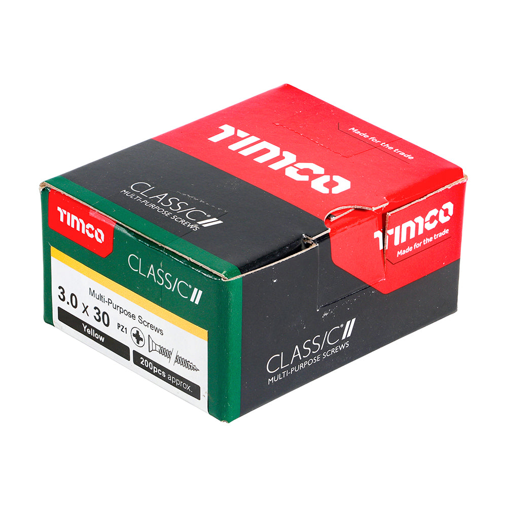 This is an image of Timco - Classic Multi-Purpose Screws - PZ - Double Countersunk - Yellow 3.0 x 30mm - (200 PCS Box) 30030CLAF