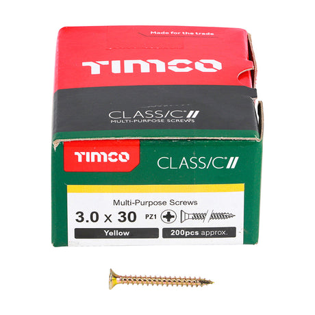 This is an image of Timco - Classic Multi-Purpose Screws - PZ - Double Countersunk - Yellow 3.0 x 30mm - (200 PCS Box) 30030CLAF