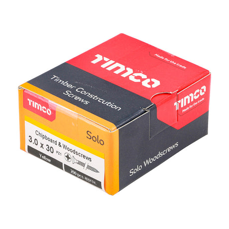 This is an image of Timco - Solo Chipboard & Woodscrews - PZ - Double Countersunk - Yellow 3.0 x 30mm - (200 PCS Box) 30030SOLOC