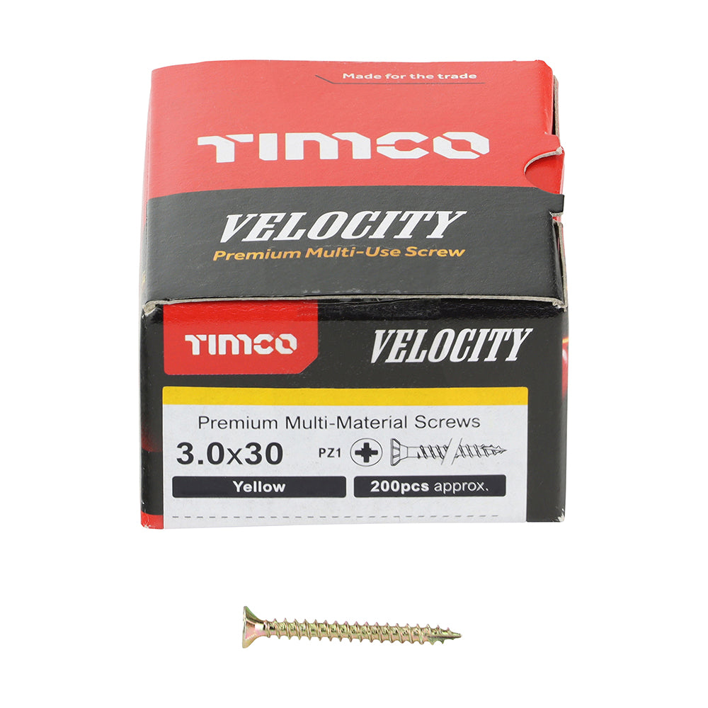 This is an image of Timco - Velocity Premium Multi-Use Screws - PZ - Double Countersunk - Yellow 3.0 x 30mm - (200 PCS Box) 30030VY