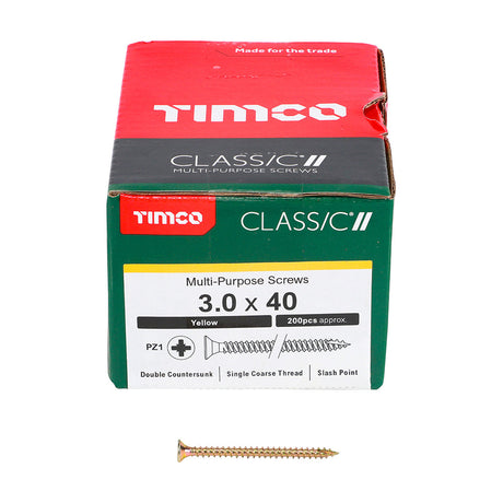 This is an image of Timco - Classic Multi-Purpose Screws - PZ - Double Countersunk - Yellow 3.0 x 40mm - (200 PCS Box) 30040CLAF