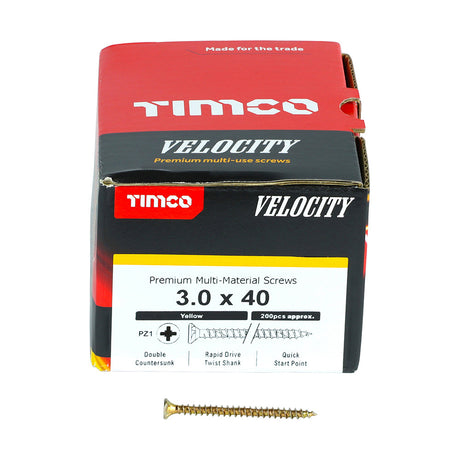This is an image of Timco - Velocity Premium Multi-Use Screws - PZ - Double Countersunk - Yellow 3.0 x 40mm - (200 PCS Box) 30040VY