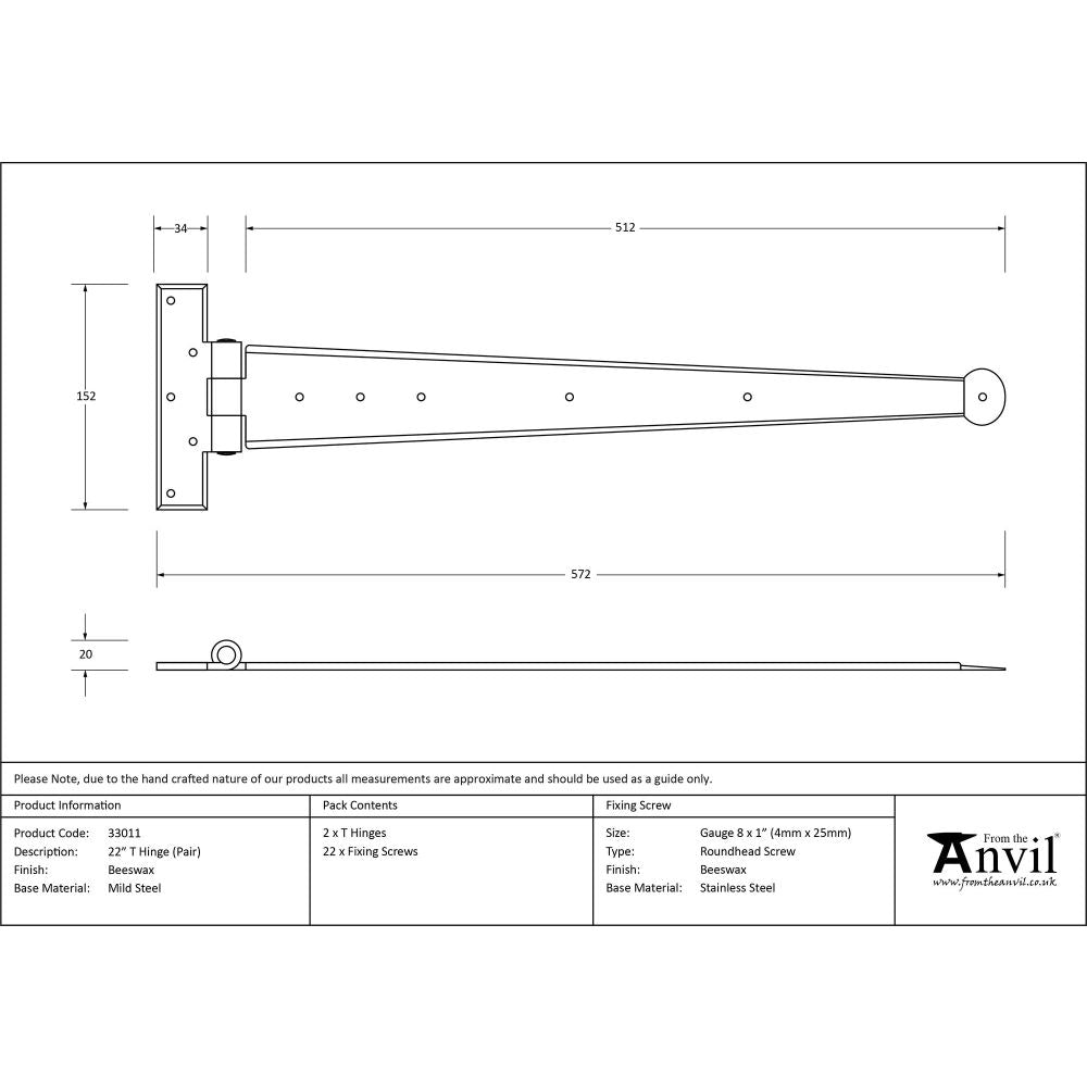 From The Anvil - Beeswax 22" Penny End T Hinge (pair) | Sku. 33011 | Trade Door Handles.