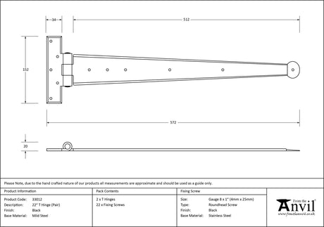 From The Anvil - Black 22" Penny End T Hinge (pair) | Sku. 33012 | Trade Door Handles.