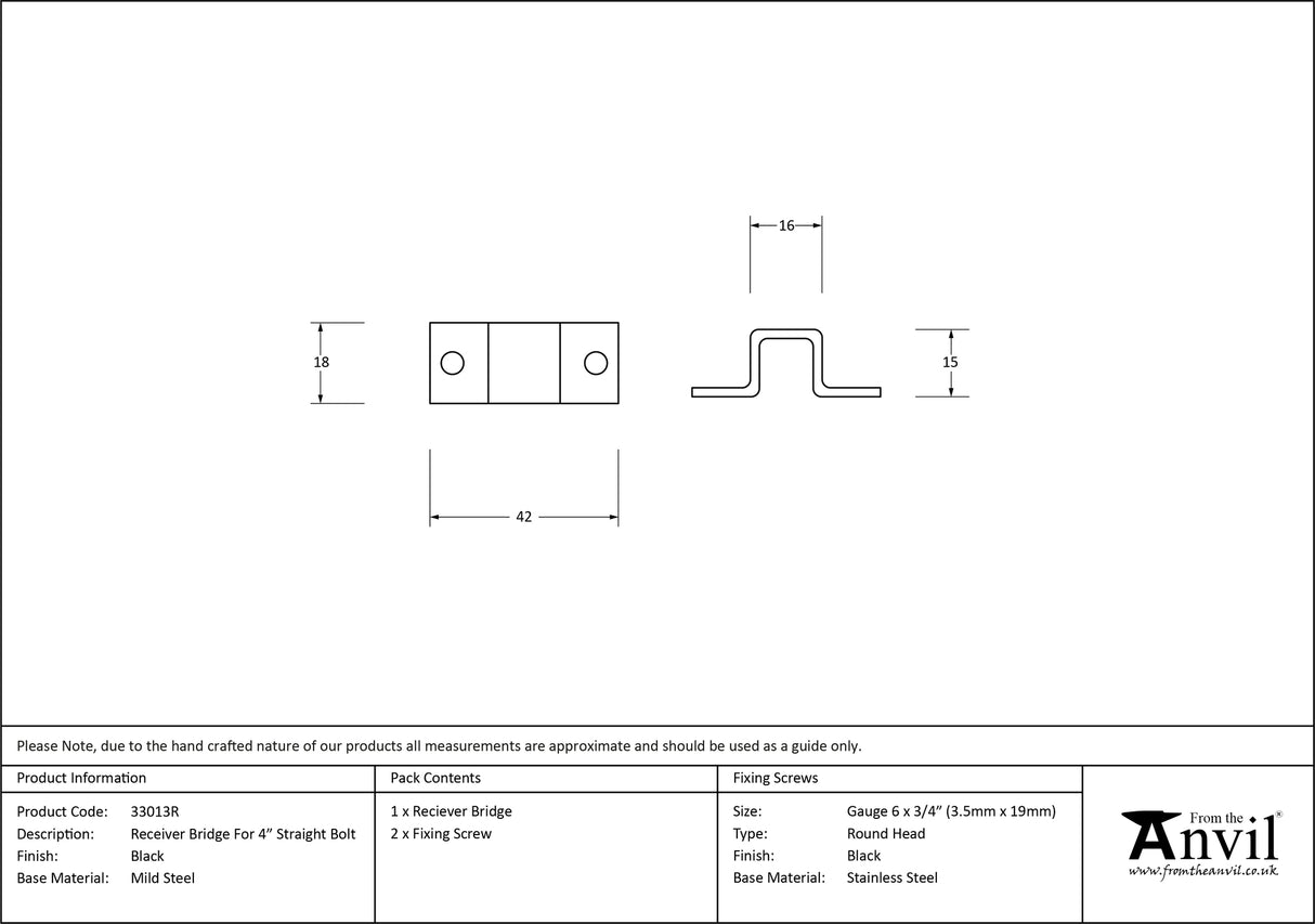 From The Anvil - Black Receiver Bridge for 4" Straight Bolt | Sku. 33013R | Trade Door Handles.
