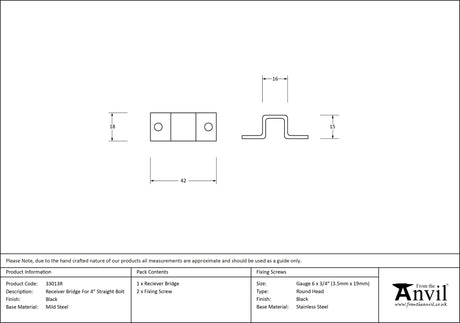 From The Anvil - Black Receiver Bridge for 4" Straight Bolt | Sku. 33013R | Trade Door Handles.