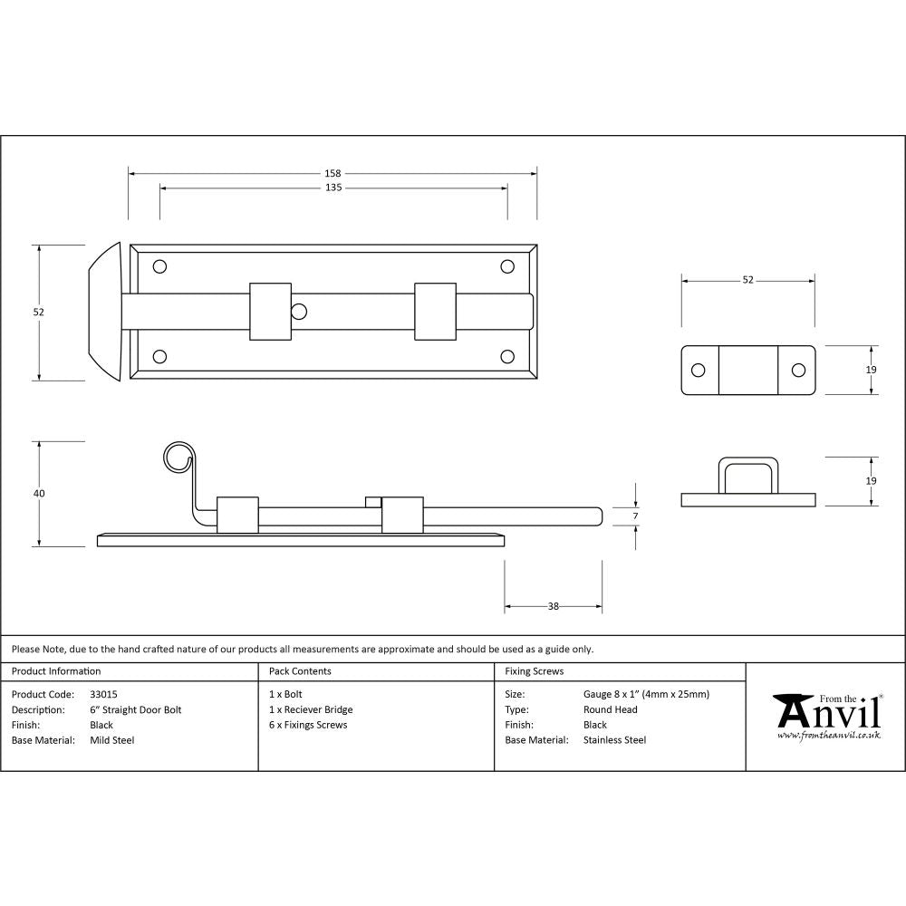 From The Anvil - Black 6" Straight Door Bolt | Sku. 33015 | Trade Door Handles.