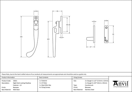 From The Anvil - Beeswax Night-Vent Locking Peardrop Fastener - LH | Sku. 33021 | Trade Door Handles.