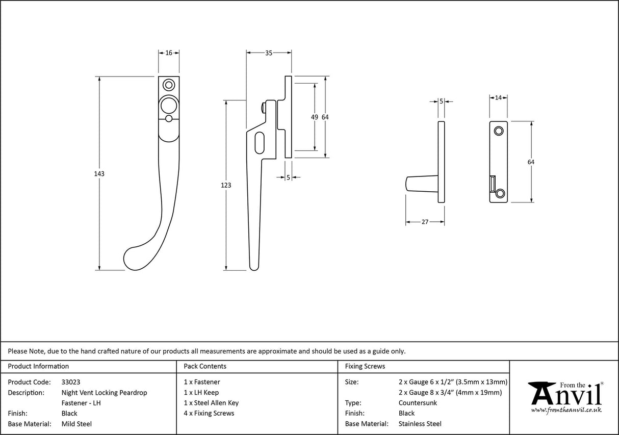 From The Anvil - Black Night-Vent Locking Peardrop Fastener - LH | Sku. 33023 | Trade Door Handles.