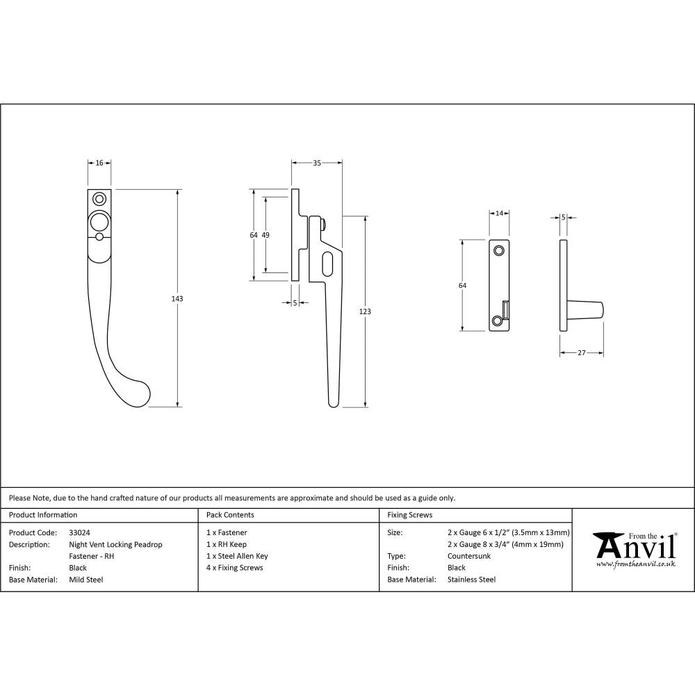 From The Anvil - Black Night-Vent Locking Peardrop Fastener - RH | Sku. 33024 | Trade Door Handles.