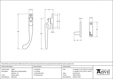 From The Anvil - Pewter Night-Vent Locking Peardrop Fastener - LH | Sku. 33025 | Trade Door Handles.