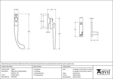 From The Anvil - Pewter Night-Vent Locking Peardrop Fastener - RH | Sku. 33026 | Trade Door Handles.