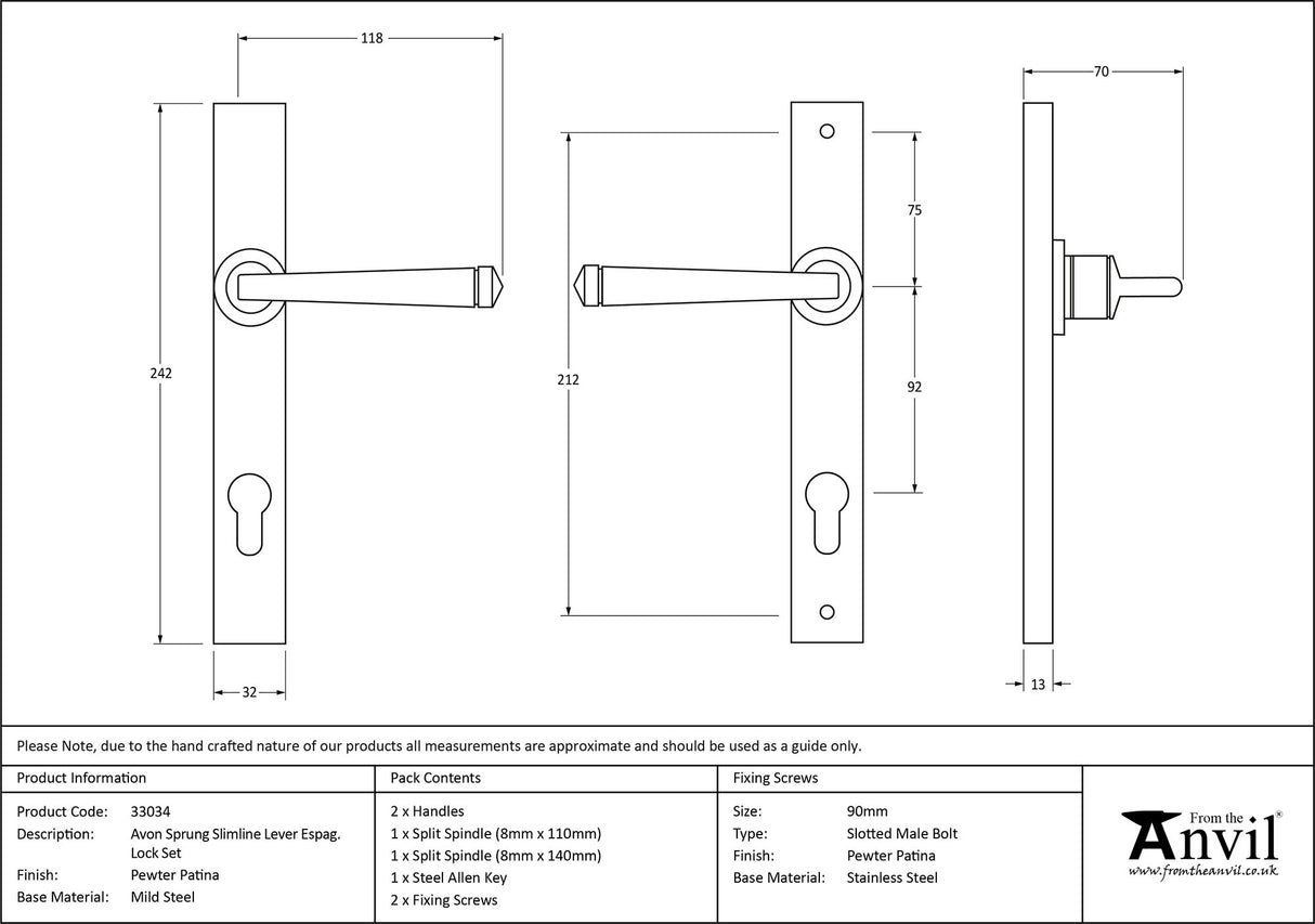 From The Anvil - Pewter Avon Slimline Lever Espag. Lock Set | Sku. 33034 | Trade Door Handles.