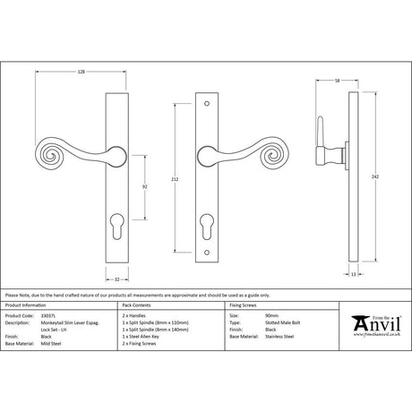 From The Anvil - Black Monkeytail Slimline Lever Espag. Lock Set - LH | Sku. 33037L | Trade Door Handles.