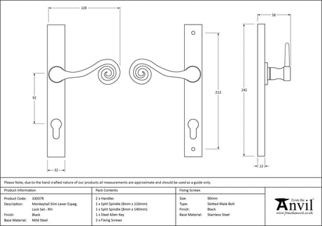 From The Anvil - Black Monkeytail Slimline Lever Espag. Lock Set - RH | Sku. 33037R | Trade Door Handles.