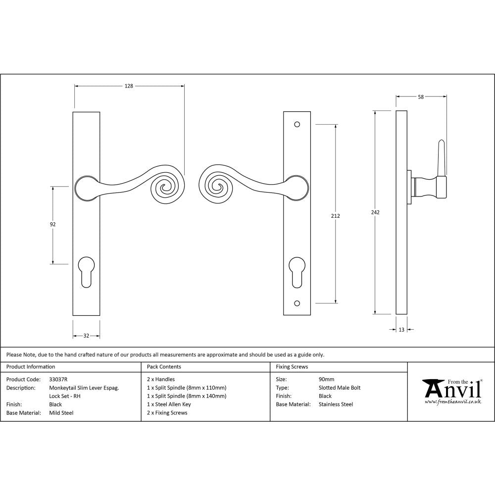 From The Anvil - Black Monkeytail Slimline Lever Espag. Lock Set - RH | Sku. 33037R | Trade Door Handles.