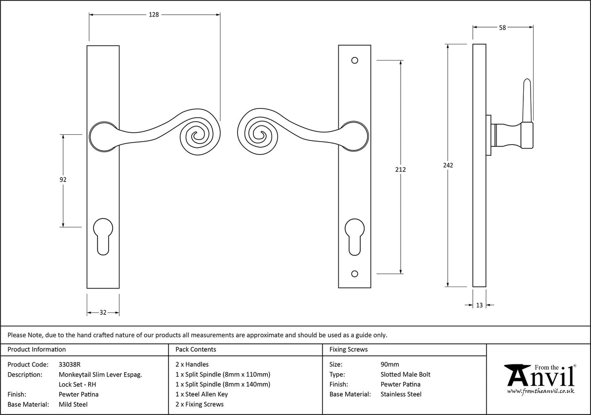 From The Anvil - Pewter Monkeytail Slimline Lever Espag. Lock Set - RH | Sku. 33038R | Trade Door Handles.