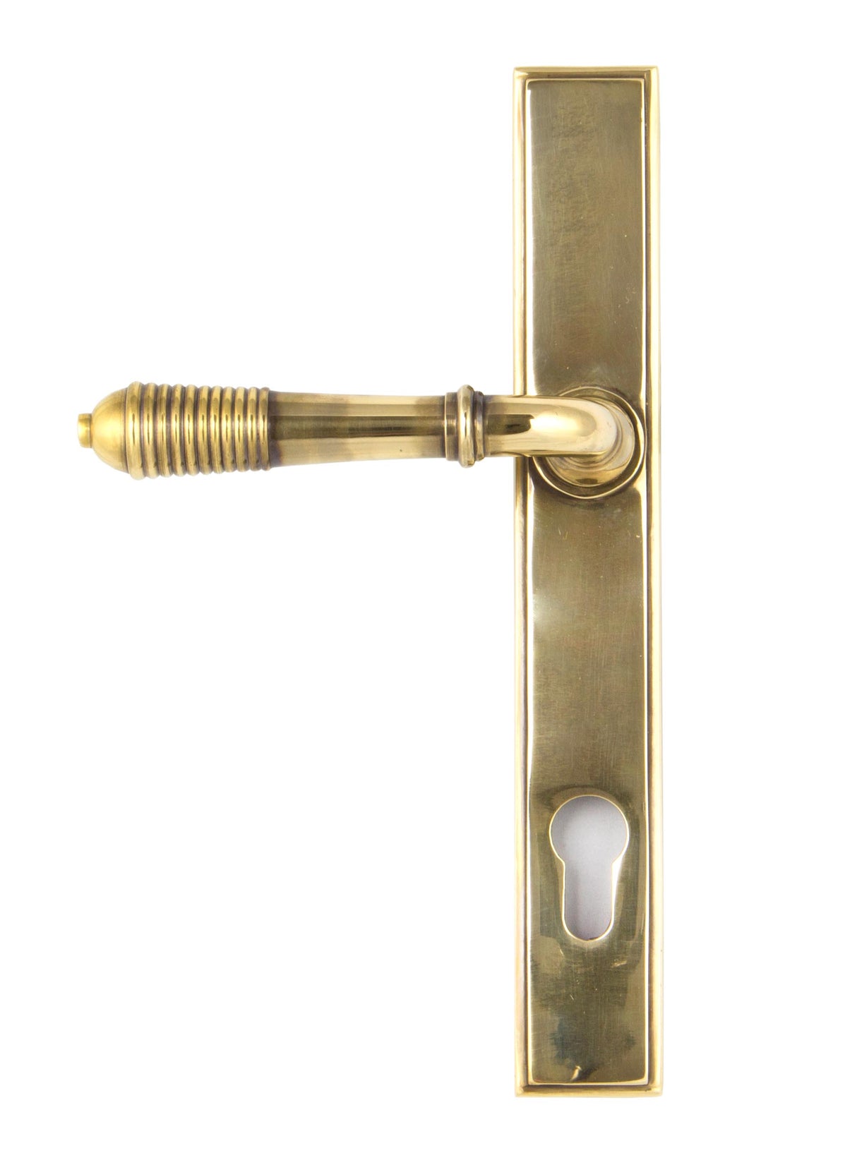 From The Anvil - Aged Brass Reeded Slimline Lever Espag. Lock Set | Sku. 33039 | Trade Door Handles.