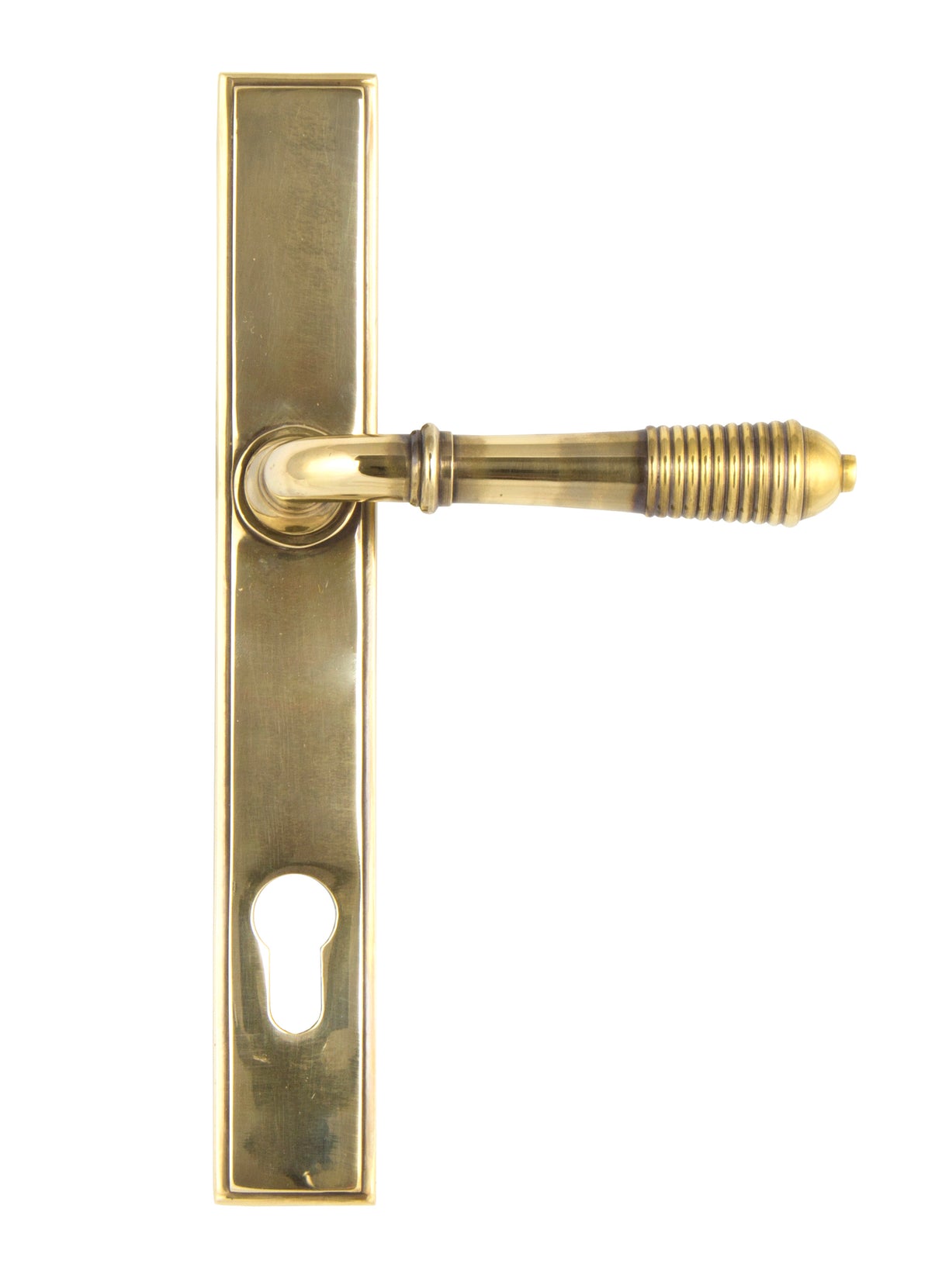 From The Anvil - Aged Brass Reeded Slimline Lever Espag. Lock Set | Sku. 33039 | Trade Door Handles.