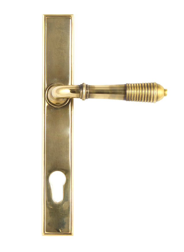 From The Anvil - Aged Brass Reeded Slimline Lever Espag. Lock Set | Sku. 33039 | Trade Door Handles.