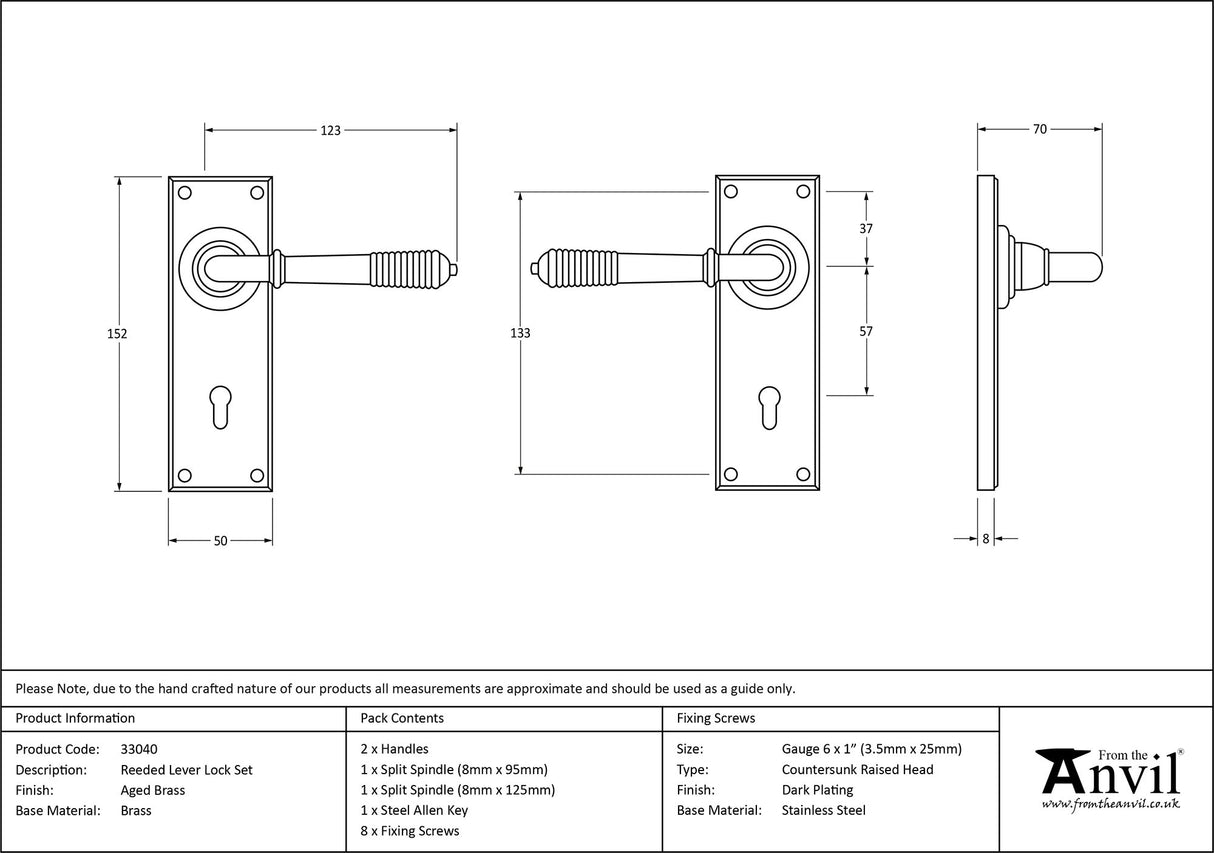 From The Anvil - Aged Brass Reeded Lever Lock Set | Sku. 33040 | Trade Door Handles.