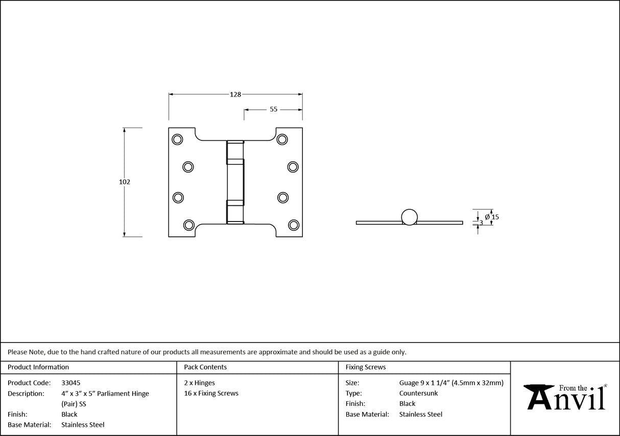From The Anvil - Black 4" x 3" x 5" Parliament Hinge (pair) ss | Sku. 33045 | Trade Door Handles.