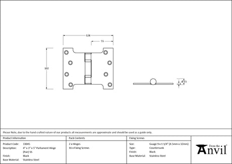 From The Anvil - Black 4" x 3" x 5" Parliament Hinge (pair) ss | Sku. 33045 | Trade Door Handles.