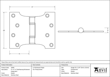 From The Anvil - Pewter 4" x 3" x 5" Parliament Hinge (pair) ss | Sku. 33046 | Trade Door Handles.