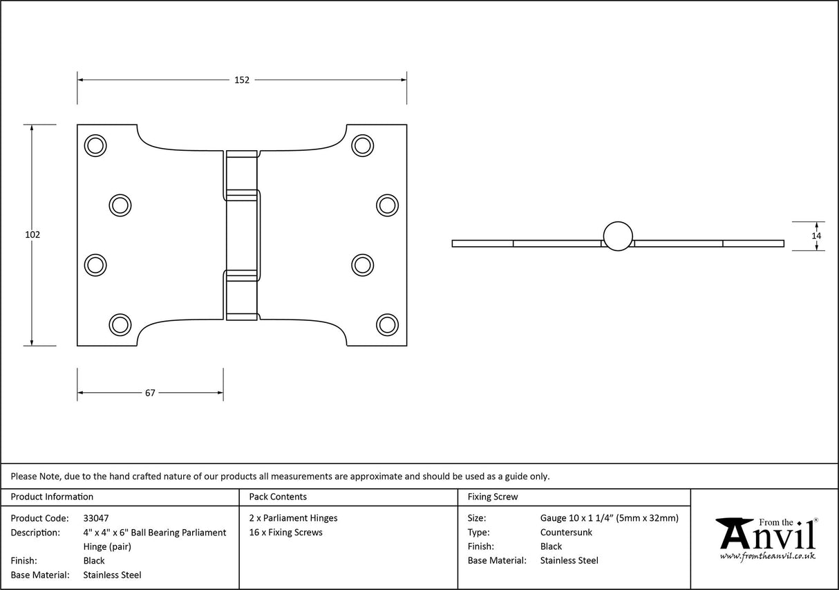 From The Anvil - Black 4" x 4" x 6" Parliament Hinge (pair) ss | Sku. 33047 | Trade Door Handles.