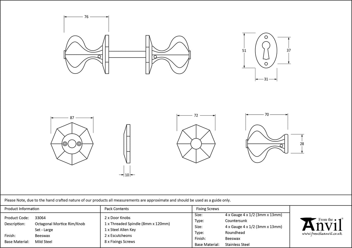 From The Anvil - Beeswax Large Octagonal Mortice/Rim Knob Set | Sku. 33064 | Trade Door Handles.
