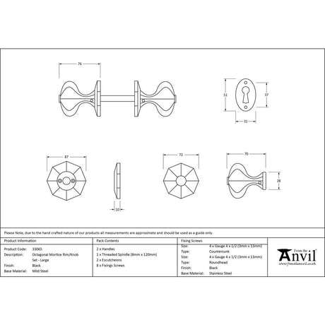 From The Anvil - Black Large Octagonal Mortice/Rim Knob Set | Sku. 33065 | Trade Door Handles.