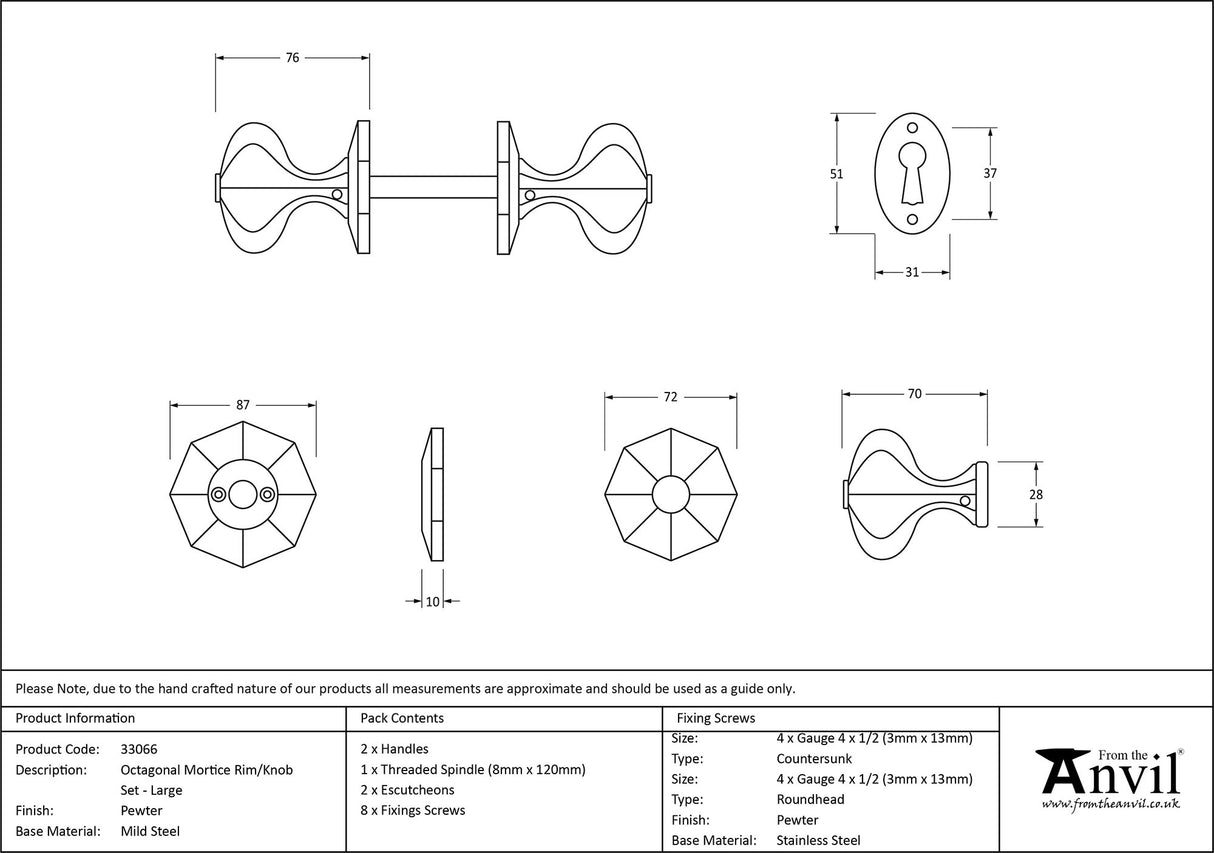 From The Anvil - Pewter Large Octagonal Mortice/Rim Knob Set | Sku. 33066 | Trade Door Handles.