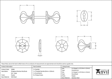 From The Anvil - Pewter Large Octagonal Mortice/Rim Knob Set | Sku. 33066 | Trade Door Handles.